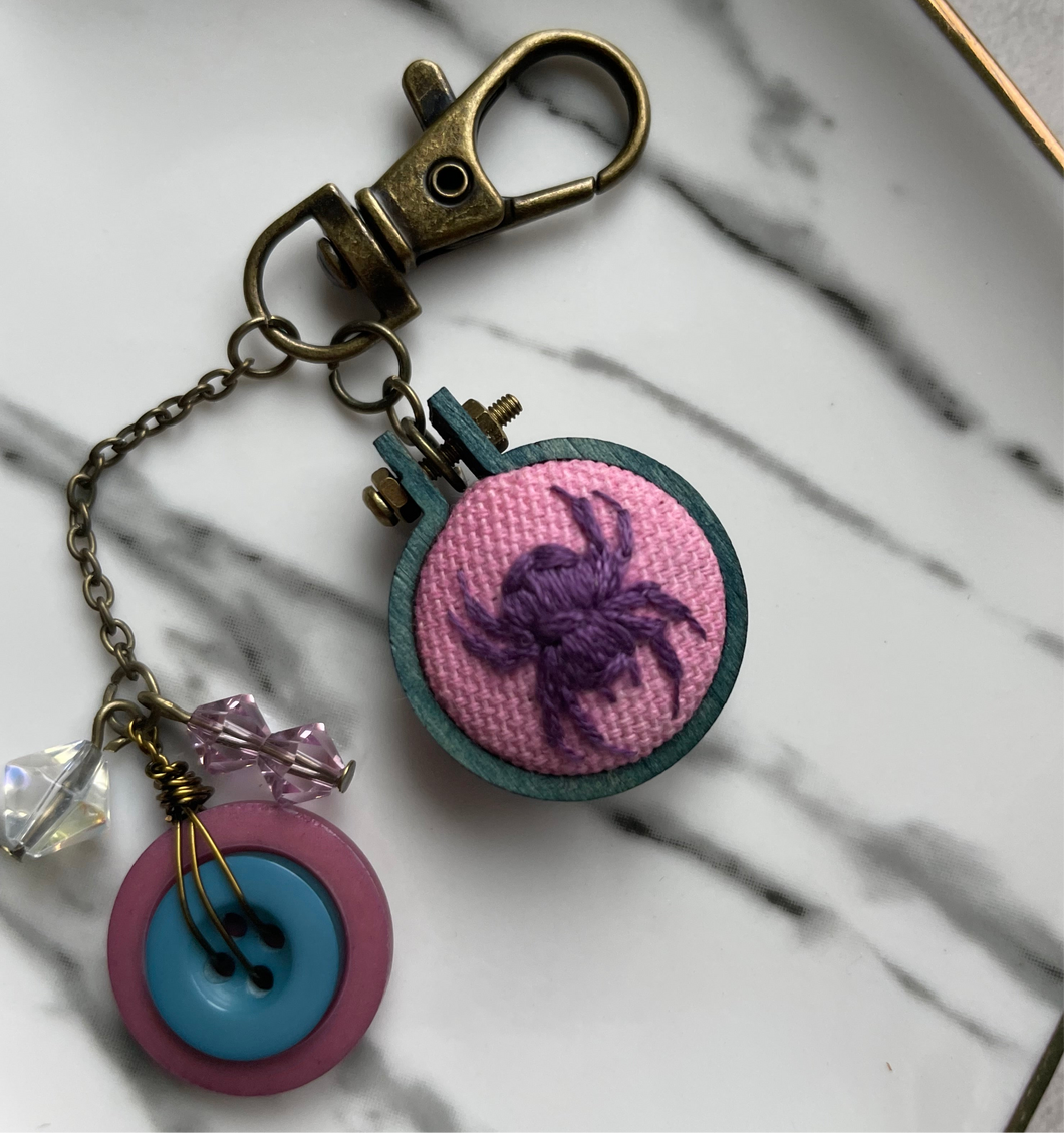 Embroidered Spider Keychain Watercolor Pink Button