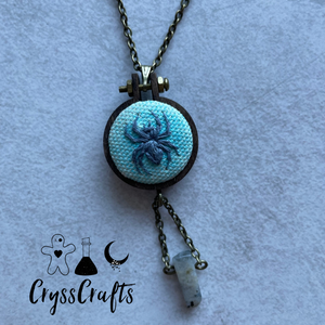 Embroidered Spider & Watercolor Necklace Blue Labradorite Moonstone