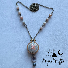 Load image into Gallery viewer, Embroidered Spider &amp; Watercolor Necklace Pastel Pink Sunstone Larvikite