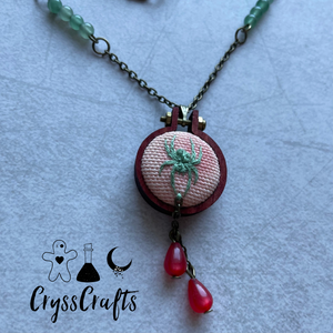 Embroidered Spider & Watercolor Necklace Green Aventurine and Red