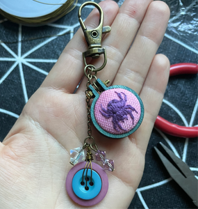 Embroidered Spider Keychain Watercolor Pink Button