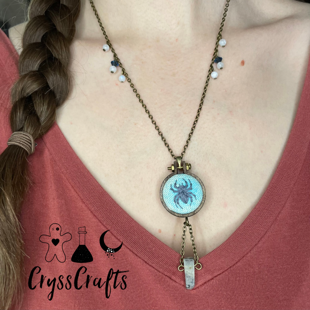 Embroidered Spider & Watercolor Necklace Blue Labradorite Moonstone