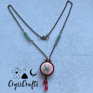 Embroidered Spider & Watercolor Necklace Green Aventurine and Red