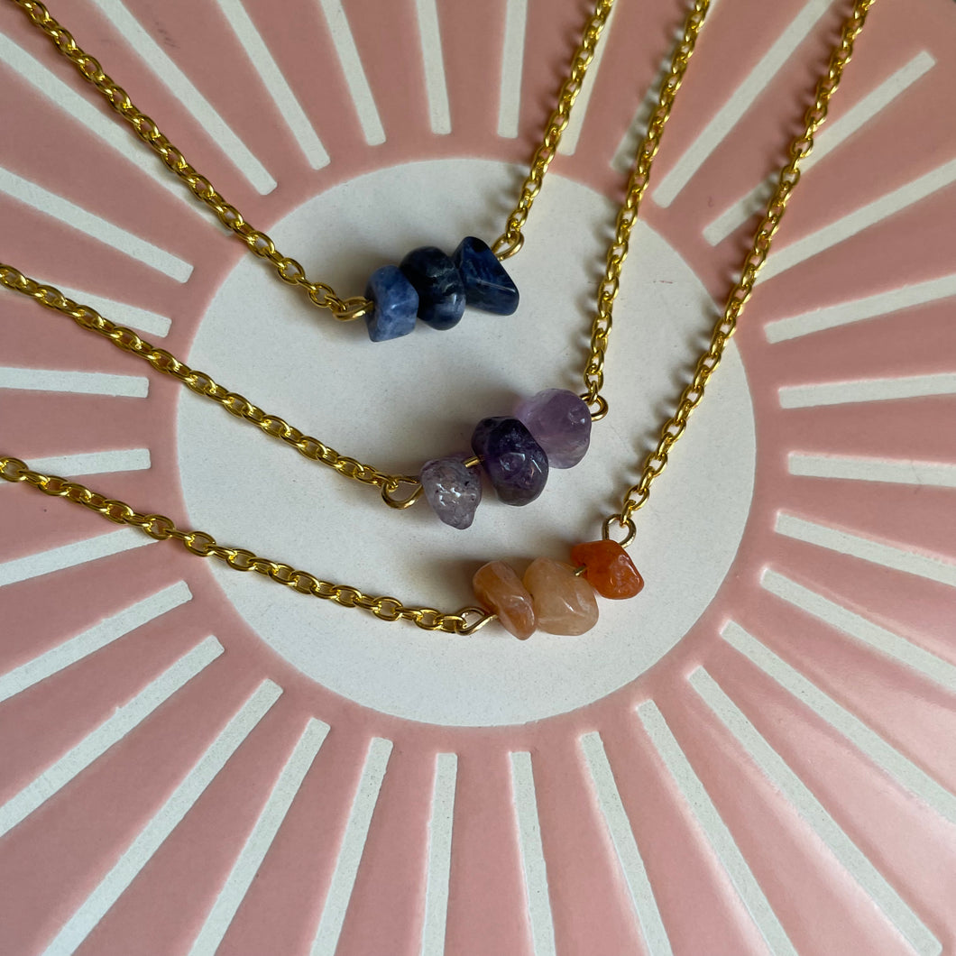 Natural Stone Chip Necklace Red Aventurine, Sodalite, Amethyst