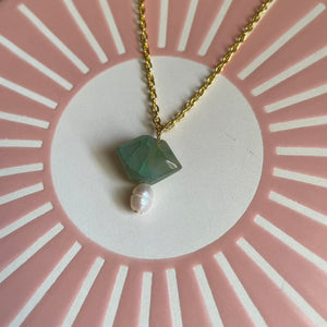 Green Crackle Quartz and Gold Toned Charm Necklace