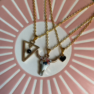 Mixed Charm Necklace Black Heart, Geometric Triangle, Floral Ox Skull